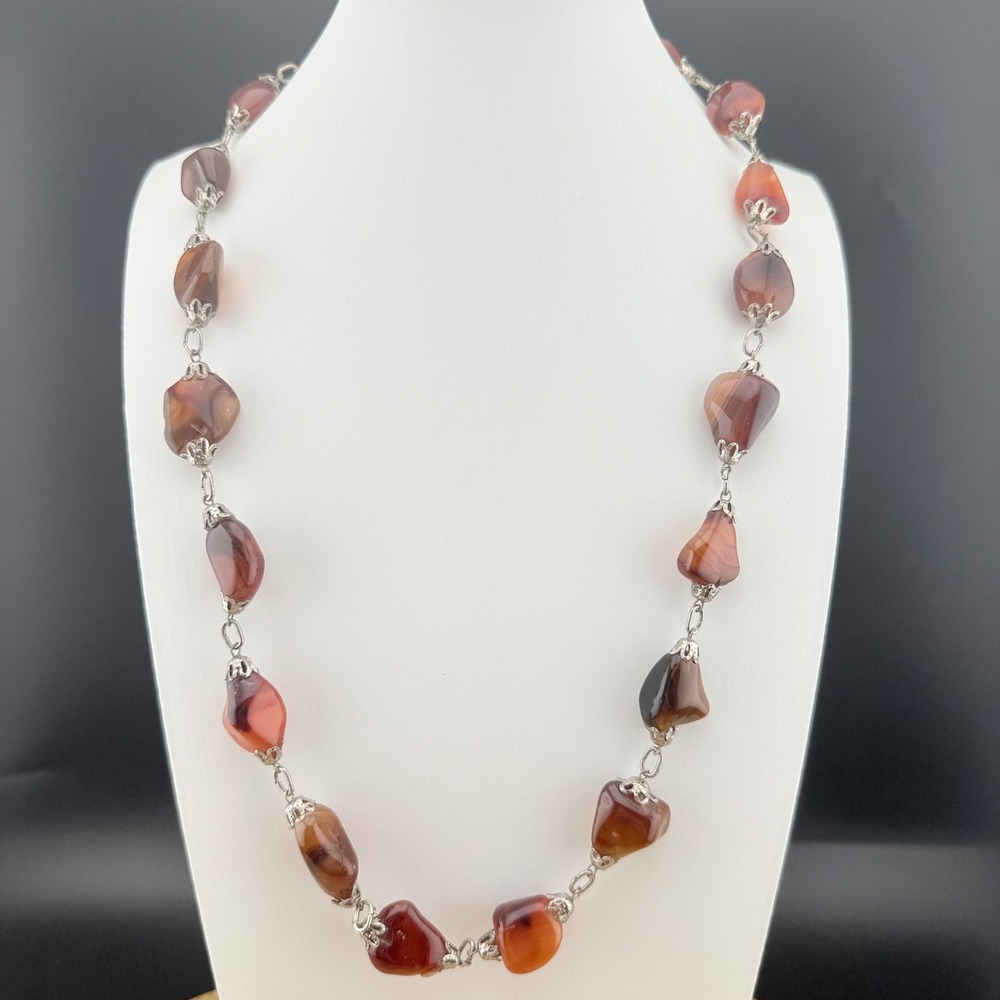 Vintage Agate Necklace Filigree Cap Carnelian Bead Boho